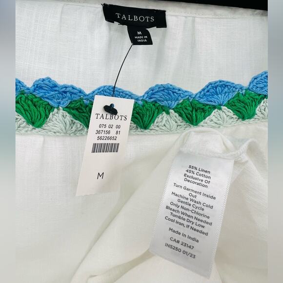 🆕 NWT Talbots Crochet Trim Linen Top Blouse Square Neck Bow Tie Sleeve Medium - Picture 11 of 16